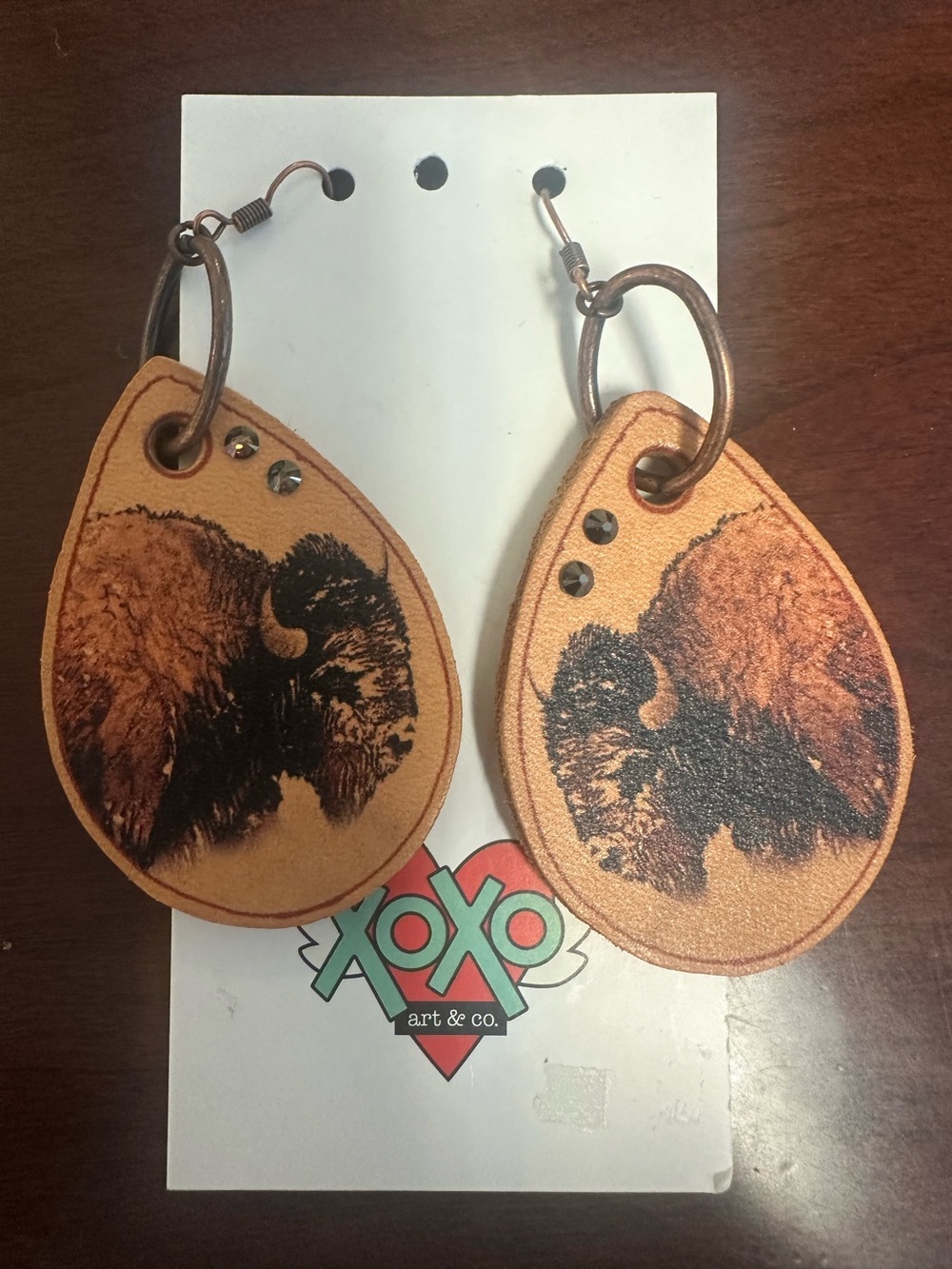 XOXO Tan Buffalo Teardrop Leather Earrings with Antique Rings